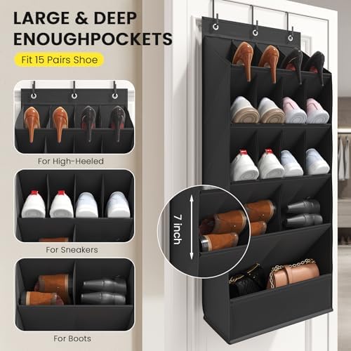 Mefirt Over the Door Shoe Rack for Closet Fit 18+ Pairs, Door Shoe Organizer with Large Breathable Pockets, Hanging Shoes Rack Fit Boots, Behind the Door Shoe Holder for Categorized Storage, Black - Image 4