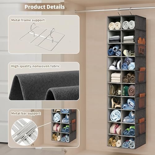 Hanging Shoe Organizer for Closet - 20 Extended Sections Closet Shoe Storage Rack with 8 Side Mesh Pockets, Foldable Shelves Holder for Shoes Clothes Shirts Jeans Hats - Image 3