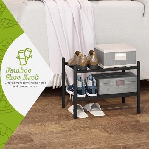 BMOSU 2-Tier Bamboo Small Shoe Rack Premium Stackable Shoe Shelf Storage Organizer for Hallway Closet Living Room Entryway Organizer (Black Bamboo) - Image 3