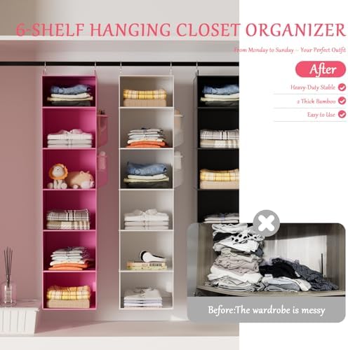 Hanging Closet Organizer and Storage with Bamboo Support, 6-Shelf Closet Hanging Storage Shelves, Closet Organizers Easy Mount Foldable for Bedroom (Pink) - Image 6