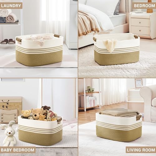 72L Large Woven Laundry Basket Hamper with Leather Handles,Khaki - Image 4