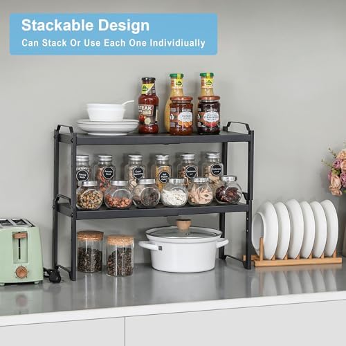 4 Pack Kitchen Cabinet Shelves Organizers, Kitchen Counter Storage Shelf Spice Rack, Expandable Length, Adjustable Height, Stackable, Sturdy 30LBS Bearing, Small Cupboard Tabletop Organizer Shelf Rack - Image 3