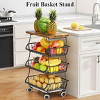SAYZH 4-Tier Fruit and Vegetable Basket Stand for Kitchen, Wood Top, Black - Image 6