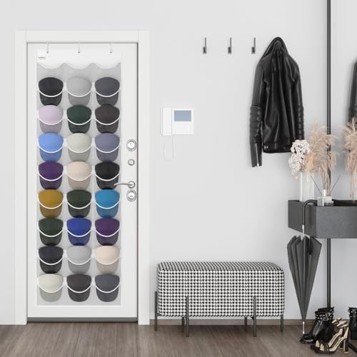 Baseball Hat Rack, 27 Pocket Over-The-Door Hat Organizer with Clear Deep Pockets to Display Baseball Caps Collection, Complete with 3 Over Door Hooks (White, 27 Pockets) - Image 7