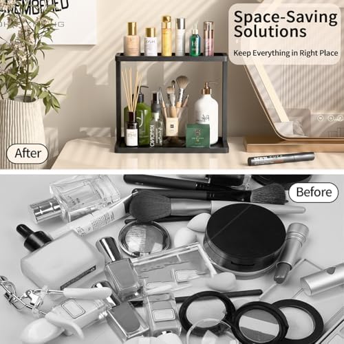 PEKER Bamboo Bathroom Organizer Countertop – Small Vanity Storage Shelf for Makeup, Perfume, Skincare – Natural Cosmetics Display Rack for Dresser, Sink, Kitchen –Black - Image 5