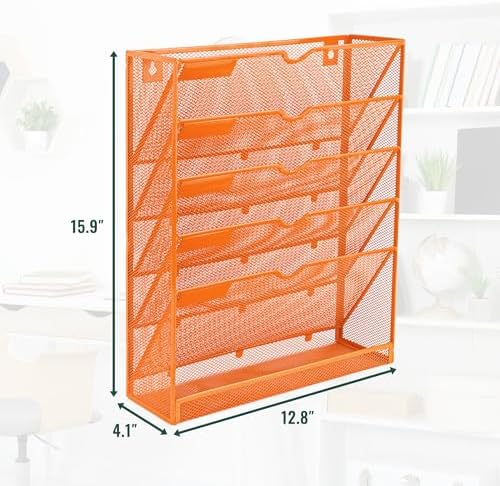 EASEPRES 6 Tier Mesh Hanging Wall File Organizer, Desk Vertical Mail Paper Document Folder Holder Rack with Bottom Tray and Nametag Label for Office Home School, Orange - Image 2
