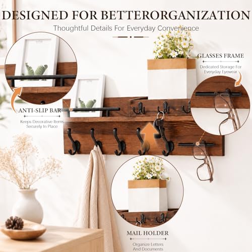 29" Wooden Wall Mounted Coat Rack with Shelf - 5-in-1 Entryway Organizer with 8 Hooks (5 Coat Hooks + 3 Key Hooks), Mail Holder & Display Shelf & glasses Hanger for Doorway, Bedroom, Garage Entrance - Image 4