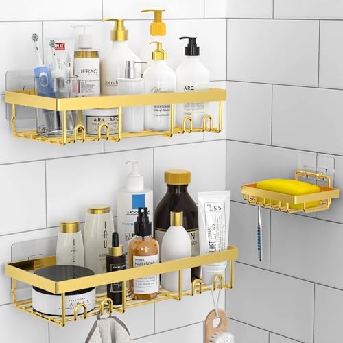 Moforoco 3-Pack Shower Caddy Basket Shelf with Soap Holder, No Drilling Traceless Adhesive Shower Wall Shelves, Rustproof Black Bathroom Shower Storage Organizer - Image 2