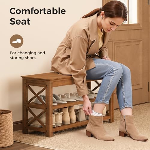 Bamworld Shoe Rack Bench with Storage 3 Tier Bamboo Shoe Bench Entryway Rustic Solid Wood Entryway Bench (X-Brown,31.5") - Image 4