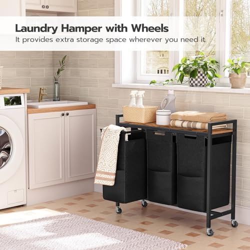 HOOBRO Laundry Sorter 3 Section, Laundry Hamper with Wheels, 3 × 11.5 Gal (43.5 L), Rolling Laundry Basket, Pull-Out and Removable Oxford Fabric Laundry Bags, Rustic Brown and Black BF76XY01 - Image 2