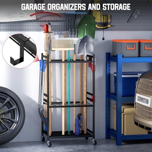 DAOUTIME Garden Organizer With Wheels, Yard Tower Rack for Garage Storage, Up to 35 Long-Handled Tools, Sturdy Metal Steel Holder With 3 Hooks, Outdoor, Black - Image 3