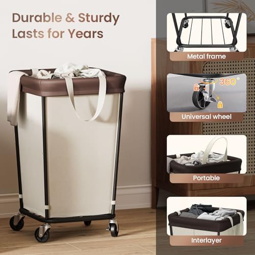 160L Laundry Basket with Wheels, 2-section Rolling Laundry Basket, Large Laundry Hamper with Wheels, Rolling Laundry Hamper Clothes Hamper for Home, Bathrooms and Dorm(Beige) - Image 6