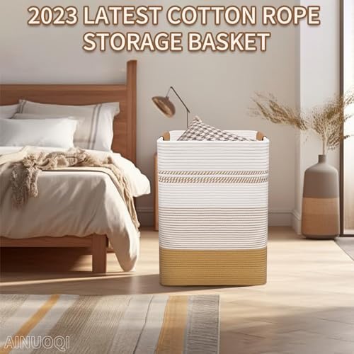 Large Laundry Hamper Basket, 85L Cotton Rope Woven Storage Bin for Blankets, Dirty Clothes Toys, Decorative Tall Basket with Leather Handles for Living Room, Bedroom, Bathroom, Nursery, Jute - Image 5