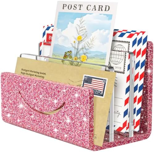 Mail Organizer Envelope Holder - 3 Compartments Glitter Pink Acrylic Mail Holder Countertop Home Office Desk Organizer Small File Sorter Vertical Bill Letter Paper Document Storage Rack by ENJOYYOURLIFE