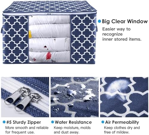 Storage Bags 100L 6Pack Clothes Organization and Storage Containers | Large Blanketfor Bedding, Comforters, Foldable Organizer with Reinforced Handle, Clear Window, Sturdy Zippers, Blue - Image 3