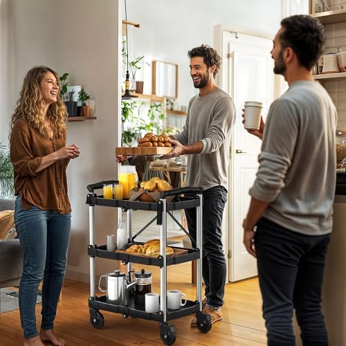 DWVO 3-Tier Foldable Service Cart with Swivel Wheels & Brake, 350LBS - Image 6