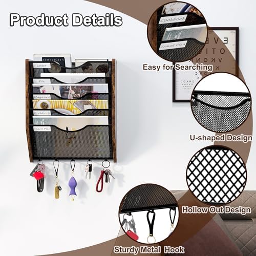 Wall File Organizer With Hooks, 5 Tier Mesh Mail Organizer Wall Mounted,Hanging File Organizer,Magazine Holder for Documents,Magazine,Literature,File,Mails,Envelopes - Image 6