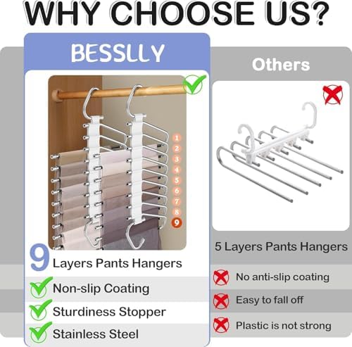 Upgrade 9 Layers Pants Hangers Space Saving, 4 Pack Multifunctional Pants Rack Non Slip Stainless Steel Clothes Space Saver Hangers Closet Organizers Storage for Pants Jeans Legging Skirt, Silky White | Metal Space Saving Hangers Multi-Layer Multifunct... - Image 6