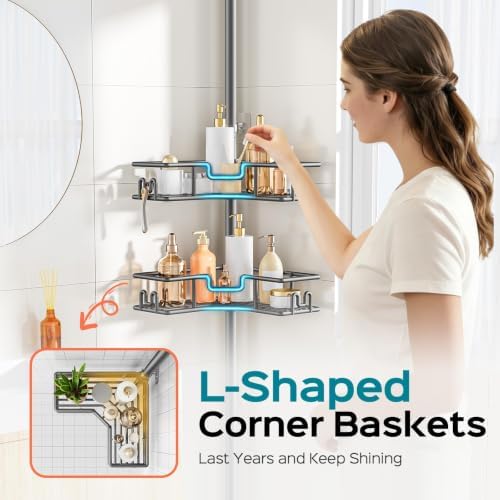 HAMITOR Adjustable Bathroom Storage, 4-Tier Tension Pole Shower Caddy, Gray - Image 3