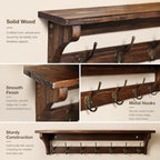 Wall Mounted Coat Rack with Shelf, Solid Wood & Bronze Metal Hooks – 31.1 Inch Entryway Organizer with 7 Hooks for Hanging Coats, Hats, Bags, Keys, Rustic Brown for Hallway，Bedroom（31.1 Inch） - Image 4