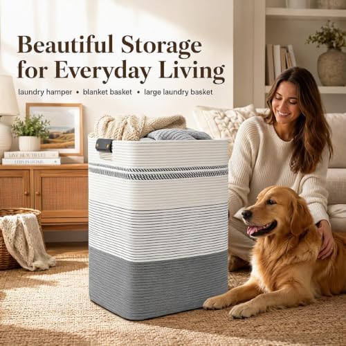 Laundry Hamper, Cotton Rope Laundry Basket with Leather Handles, 25.1-Gallon/95 L Large Clothes Hampers for Laundry, Woven Laundry Baskets for Blankets, Clothing, Bedroom, Living Room, Nursery - Image 2
