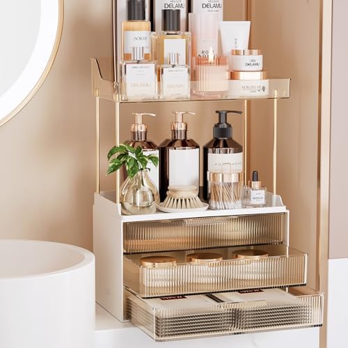 Delamu 5-Tier Makeup Organizer, Bathroom Counter Storage, 3 Drawers, Amber by DELAMU