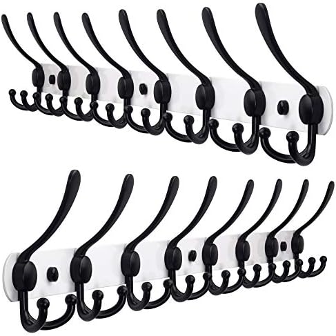 Dseap Coat Rack Wall Mount - 29.5” Long 8-Tri-Hooks Heavy Duty Coat Hanger Rail Wall Hooks for Hanging Coats Hats Clothing Clothes Purse Mudroom Entryway, White & Black, Pack of 2 by Dseap