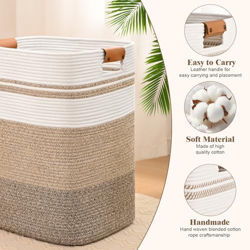 Laundry Hamper, 95L Tall Laundry Basket with Leather Handles, Rectangle Large Clothes Hamper for Organizing, Cotton Woven Laundry Baskets Storage Hampers for Bedroom, Nursery, Living Room - Image 6