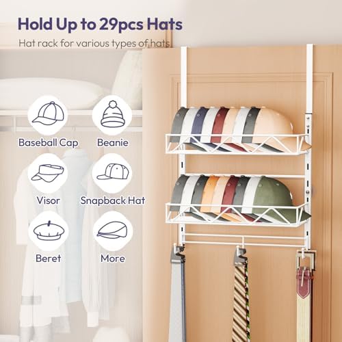 SWTYMIKI Over Door Hat Organizer - 3 Tier Wall Mounted Hat Rack with 2 Adjustable Metal Basket and 3 Hooks, Hanging Baseball Cap Organizer Storage Holds up to 29 Caps for Door, Bedroom, Closet - Image 2
