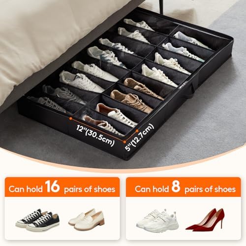 Lifewit Under Bed Shoe Storage Organizer 4 Pack(16 Shoes Cells), 4.3 Inches Profile Fabric Shoes Container Box with Clear Cover, Foldable Storage Bag with 2 Handles, Fits 32 to 64 Pairs - Image 4