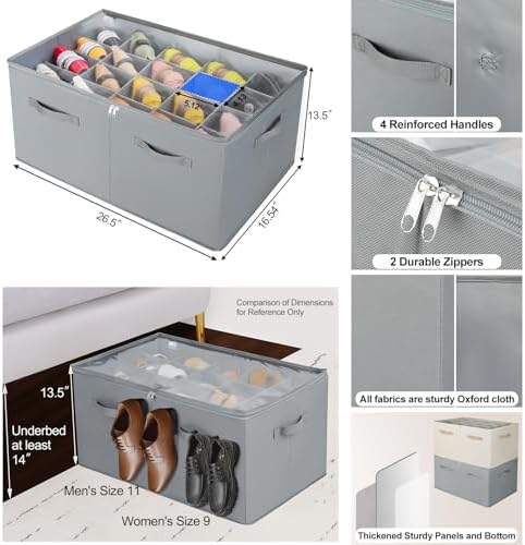 TOPIA HOME Shoe Organizer for Closet, Foldable Shoe Box with Adjustable Dividers and Clear Cover, Space Saving Shoe Storage Organizer Cabinet with Reinforced Handles, Fits 20 Pairs, Gray, TP10G - Image 3