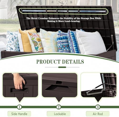 Greesum 100 Gallon Resin Deck Box Large Outdoor Storage, Imitation Rattan Weave Texture for Patio Furniture, Garden Tools, Pool Supplies, Weatherproof and UV Resistant, Lockable, Dark Brown - Image 6