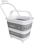 Folding Laundry Basket with Wheels Handle Collapsible Plastic Hamper 38L Portable Rubber Clothes Multi Use Grocery Shopping Cart Pop Up Storage Container Organizer with Hanging Space Saving White Grey by Unknown