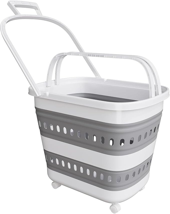 Folding Laundry Basket with Wheels Handle Collapsible Plastic Hamper 38L Portable Rubber Clothes Multi Use Grocery Shopping Cart Pop Up Storage Container Organizer with Hanging Space Saving White Grey by Unknown