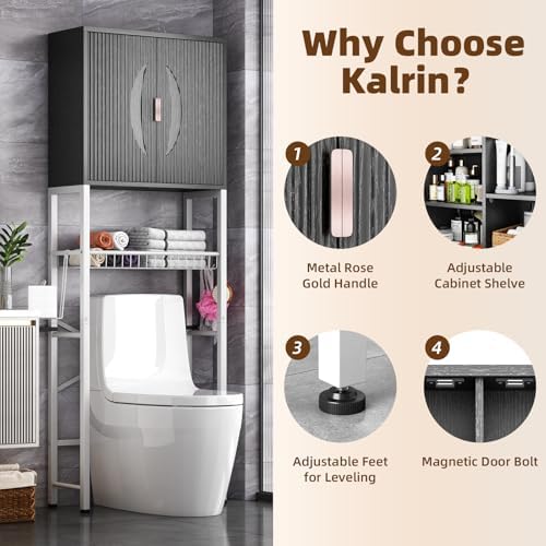 Kalrin Over The Toilet Storage Cabinet with Fluted Wave Doors and Adjustable Shelf, Wood Over Toilet Storage Rack with Drain Basket, Freestanding Bathroom Organizer for Balcony Laundry, Black & White - Image 4