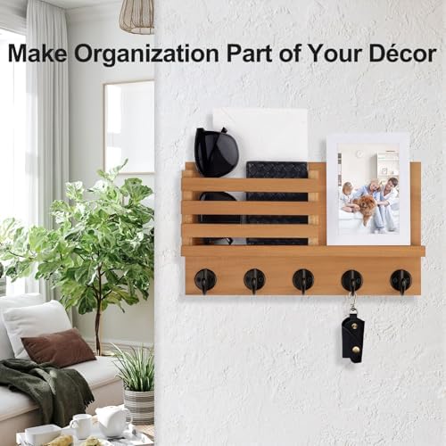 Lwenki Key Holder for Wall – Decorative Wooden Mail Holder and Key Shelf with Mounting Hardware, Installation Guide – Paulownia Wood with Metal Key Hooks (Light Brown, Large - 11.8inch) - Image 4