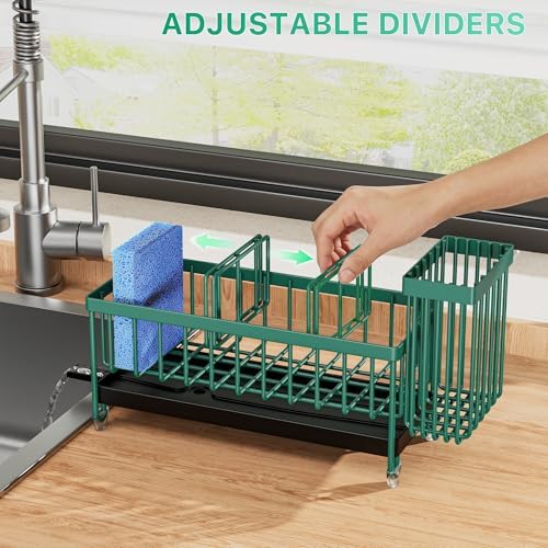 Cisily Sponge Holder for Kitchen Sink, Sink Caddy Organizer with High Brush Holder, Kitchen Countertop Organizers and Storage Essentials, Rustproof 304 Stainless Steel (Dark Green, 9.25″) - Image 5