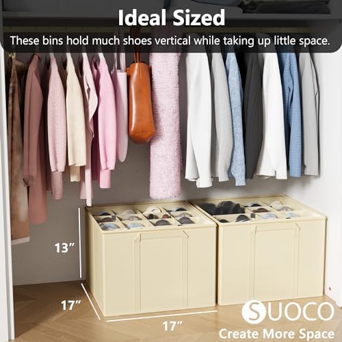 SUOCO 2 Pack Shoe Organizer for Closet, Fits up to 32 Pairs, Small Space Shoe Storage Boxes Bins Containers w/Adjustable Dividers and Clear Top, Black, Beige - Image 4