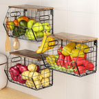 Delamu Stackable Metal Fruit Basket with Wood Lid 3 Pack, Hanging Wall Organizer for Kitchen Counter, Pantry Storage for Onions, Potatoes, Garli, Fruits, Spices, Black by DELAMU