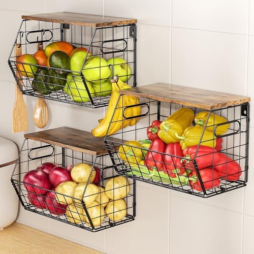 Delamu Stackable Metal Fruit Basket with Wood Lid 3 Pack, Hanging Wall Organizer for Kitchen Counter, Pantry Storage for Onions, Potatoes, Garli, Fruits, Spices, Black by DELAMU