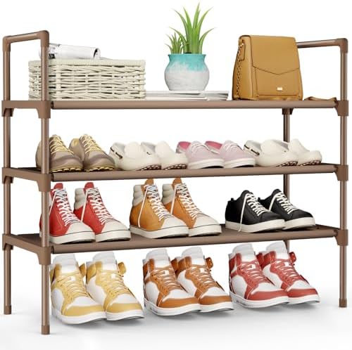 Kitsure Shoe Rack for Closet, Shoe Organizer, 27.6" Wide - 3 Tier, Brown | Shoe Storage for Closet, Entryway, Easy- Assembly& Space-Saving Shoe Shelf with Side Handle, Closet Organizer by Kitsure