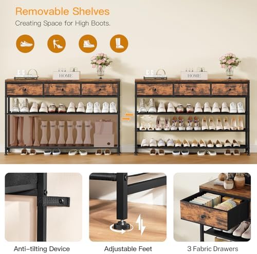 usikey 4 Tier Shoe Rack with 3 Drawers & 3 Oxford Fabric Shelves, Holds 15-18 Pairs, Metal Shoe Storage with Wood Top, Shoe Organizer for Entryway, Closet, Apartment, Rustic Brown UNYXJX022F - Image 4