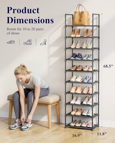 Kitsure Shoe Rack - 10-Tier Shoe Organizer with Detachable Fabric Shelves & Metal Frame, Tall Shoe Rack for Closet, Entryway, Living Room, 16.9" Wide - 10 Tier, Black - Image 3