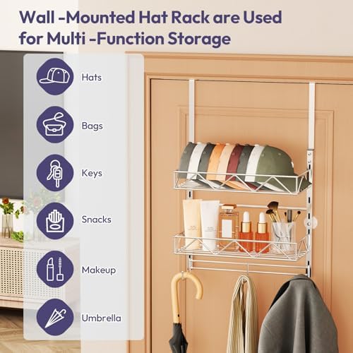 SWTYMIKI Over Door Hat Organizer - 3 Tier Wall Mounted Hat Rack with 2 Adjustable Metal Basket and 3 Hooks, Hanging Baseball Cap Organizer Storage Holds up to 29 Caps for Door, Bedroom, Closet - Image 4