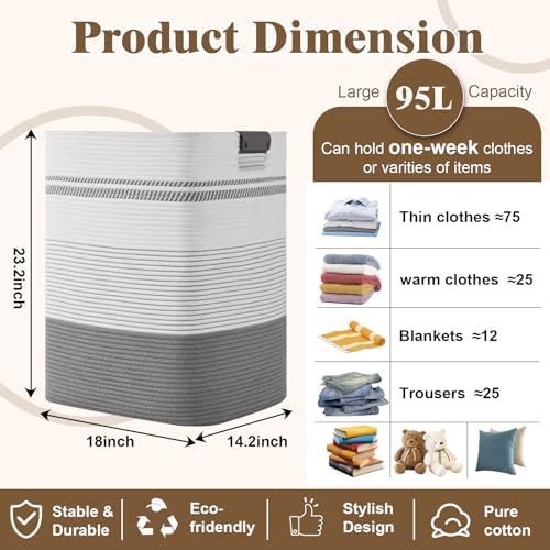 Laundry Hamper, 95L Tall Laundry Basket with Leather Handles, Rectangle Large Clothes Hamper for Organizing, Cotton Woven Laundry Baskets Storage Hampers for Bedroom, Nursery, Living Room - Image 3