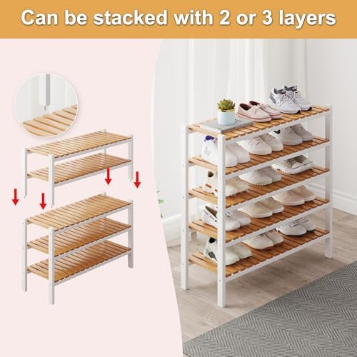 Bamboo Shoe Rack Organizer for Closet and Entryway-Space-Saving Narrow Shoe Stand-Versatile Shoe Holder for Door or Closet Shelf,Garage Bedroom can Freely Stack DIY Small Shoe Racks 3 Tier Mixed color - Image 5