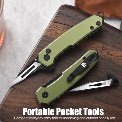 Folding Box Cutter Utility Knife, Green Aluminum, Pocket Clip + 5 Blades - Image 6