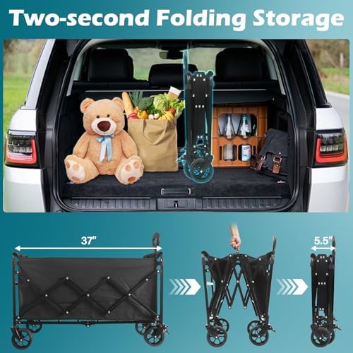 Collapsible Wagon Cart with Wheels Foldable: 500LBS Heavy Duty Folding Utility Wagon - Portable All Terrain Grocery Wagon Cart for Groceries Shopping Outdoor Camping Sports (Black-500Lbs) - Image 3