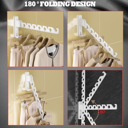 Dr.DJ Wall Mount Coat Hanger Holder White Clothes Drying Organizer Rack Garment Hooks Aluminium Retractable Folding Indoor Wall Mounted Hanger for Laundry Room Bedroom White 2Pack with 80cm Rod - Image 3