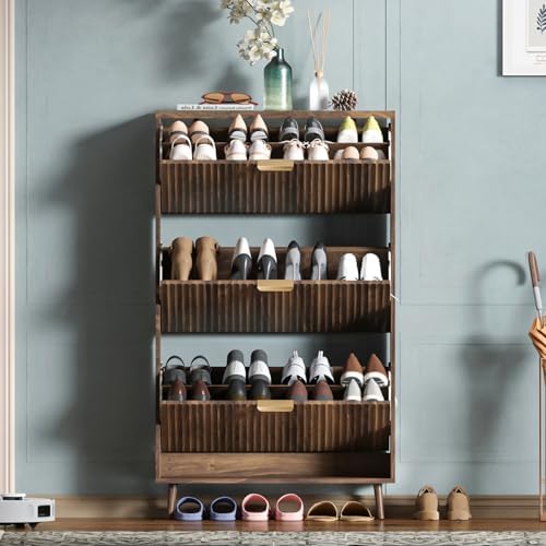 Shoe Cabinet Storage,Modern Freestanding Organizer with 3 Flip Drawers,Narrow Shoe Rack Cabinet for Entryway,Walnut by QIVOMIX